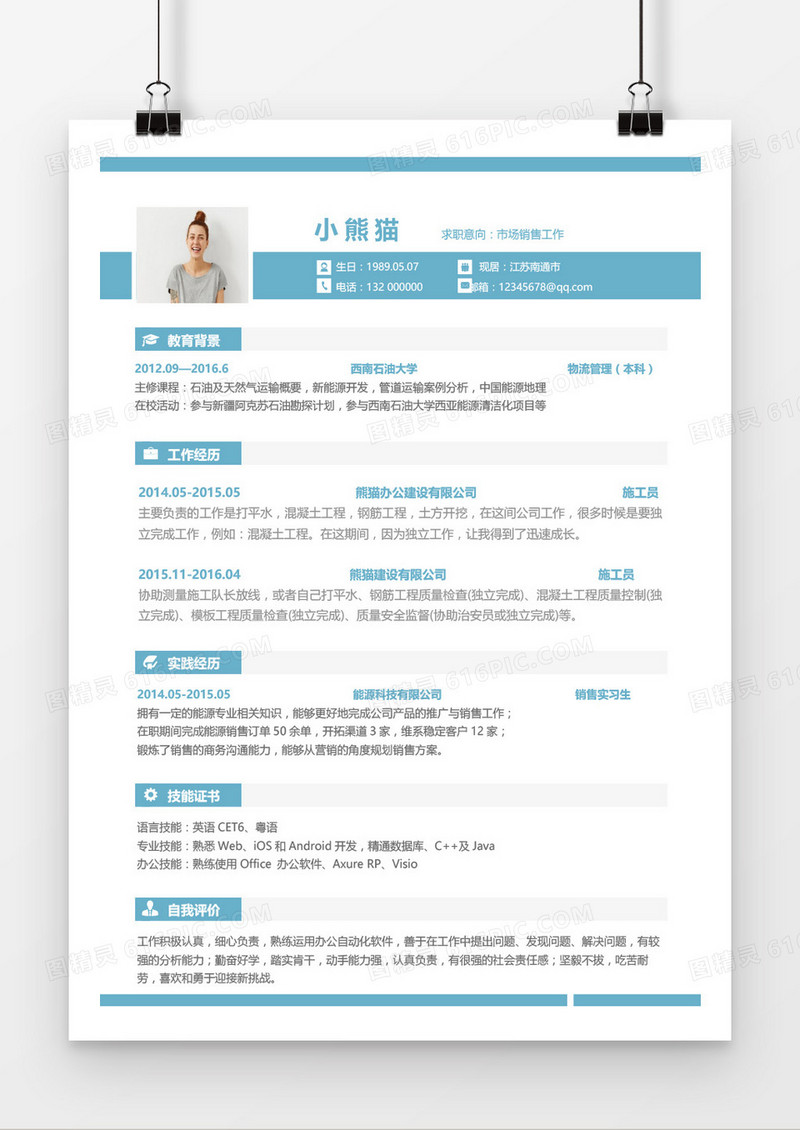 清新蓝色市场销售类简历模板word模板
