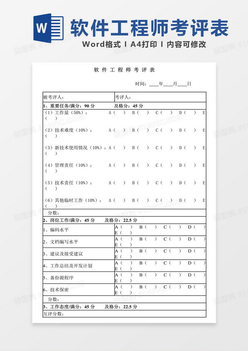 软件工程师考评表word格式模板