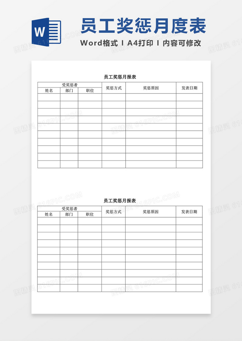 员工奖惩月报表word模板
