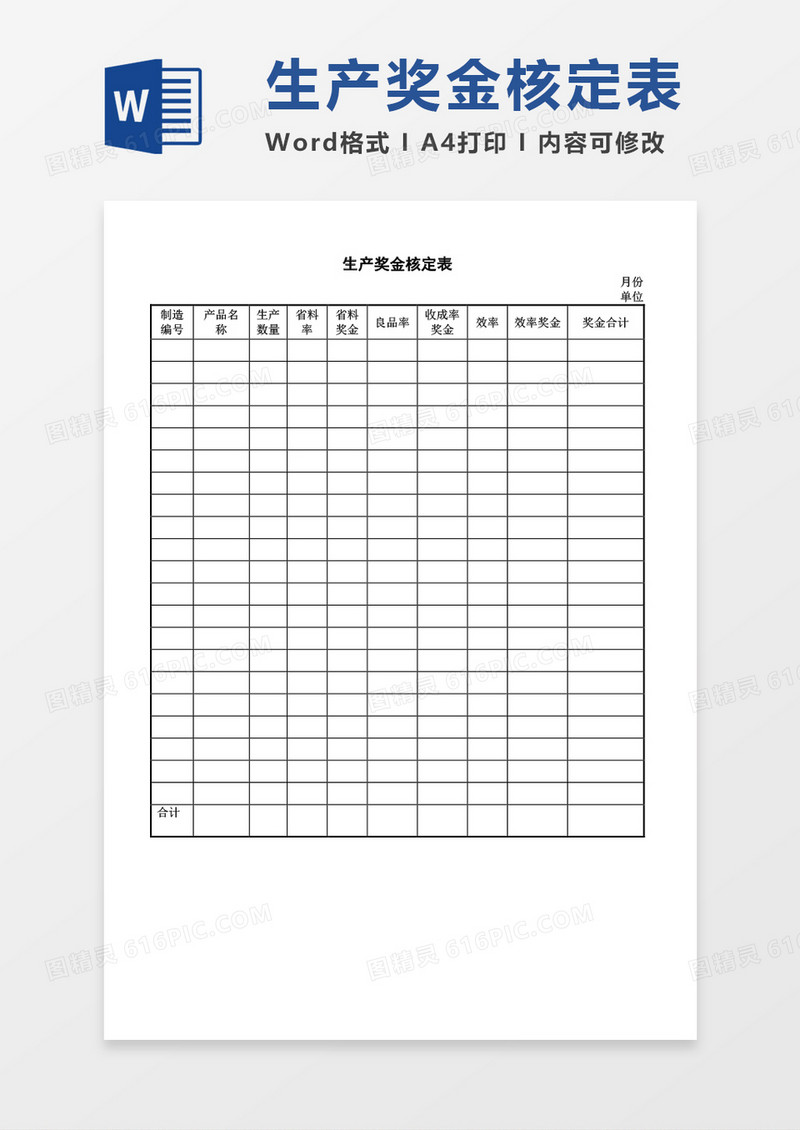 生产奖金核定表word模板