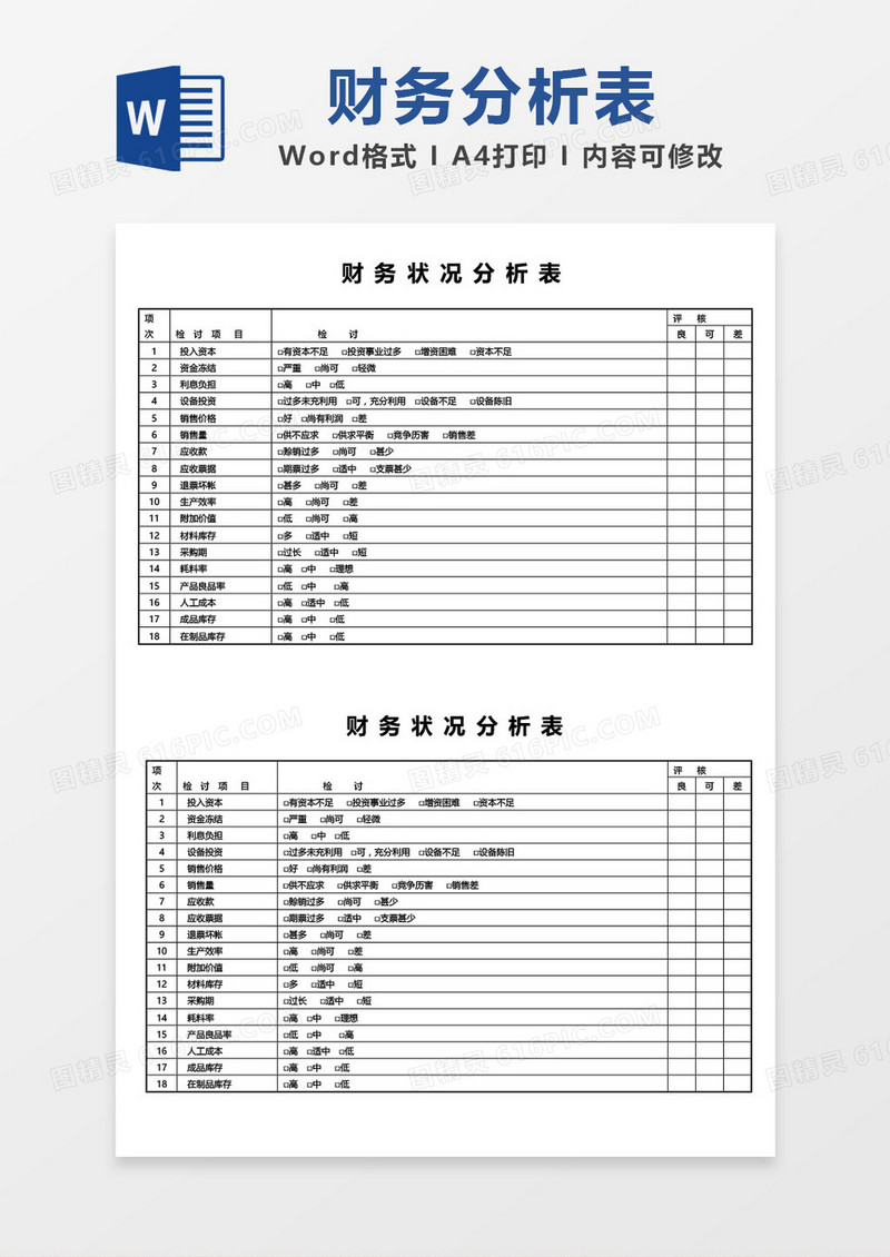 简约财务状况分析表word模板