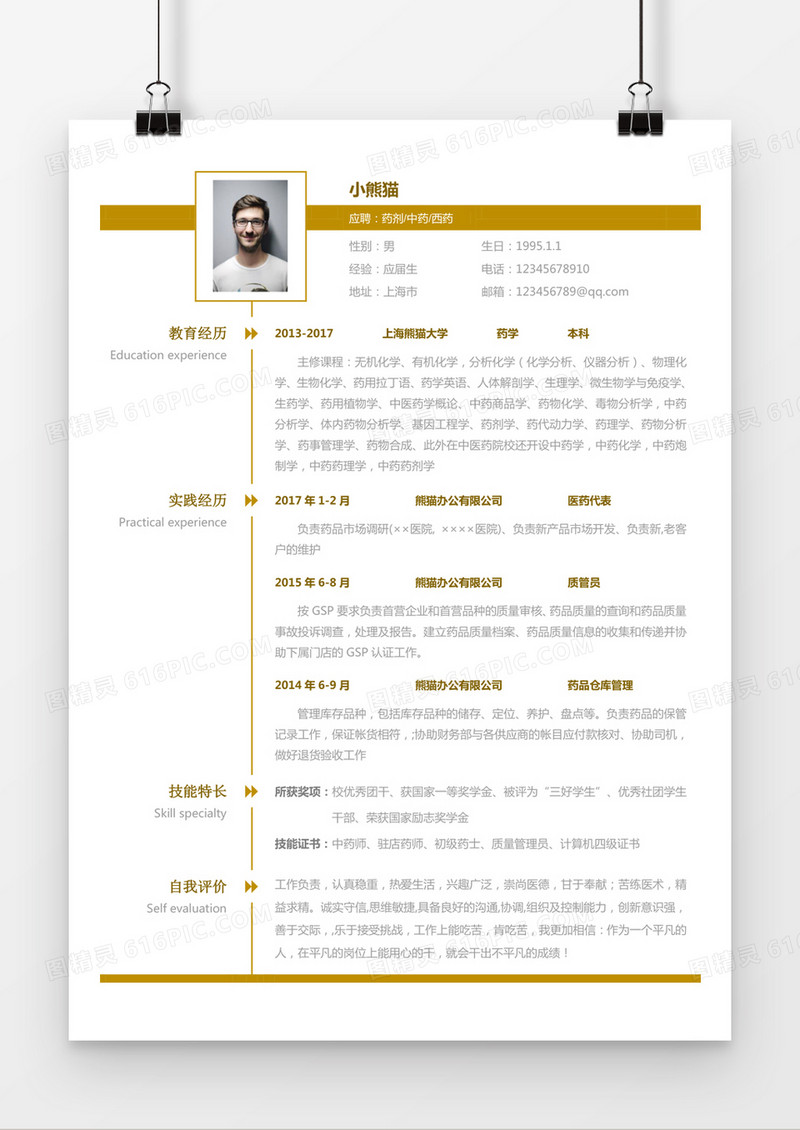 黄色简约药剂中药西药求职简历word简历