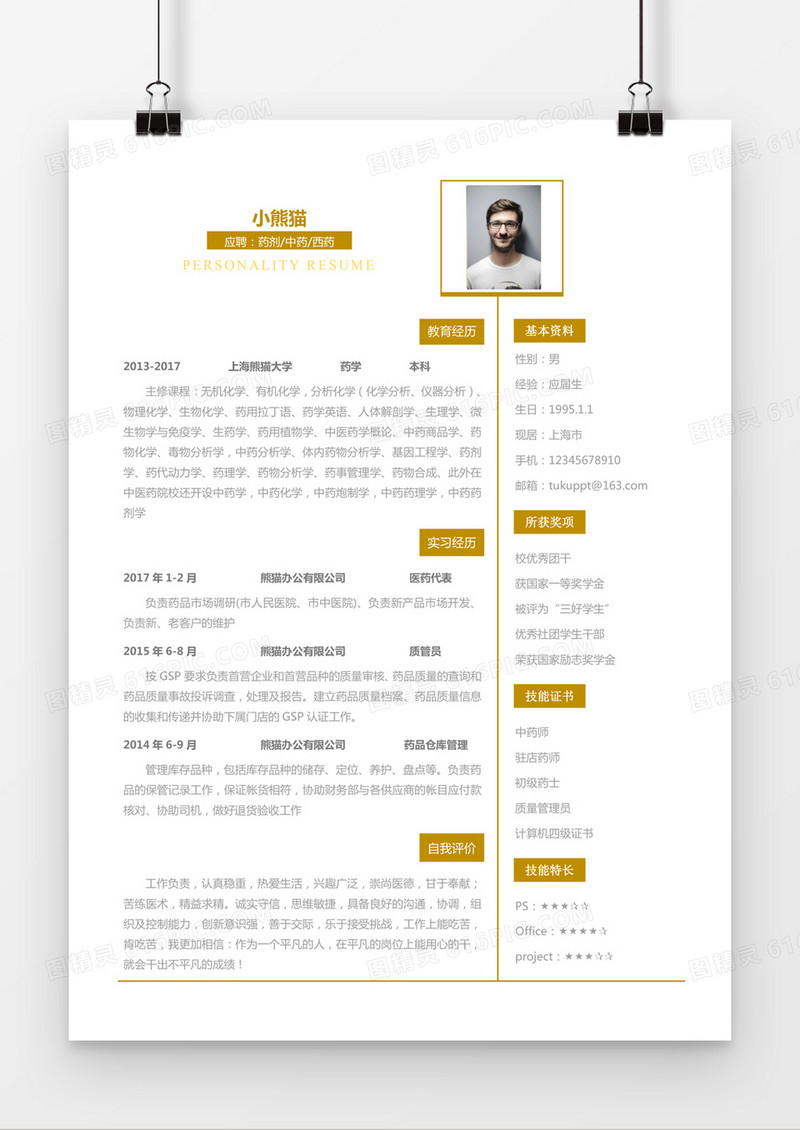 黄色简约药剂中药西药求职简历word简历