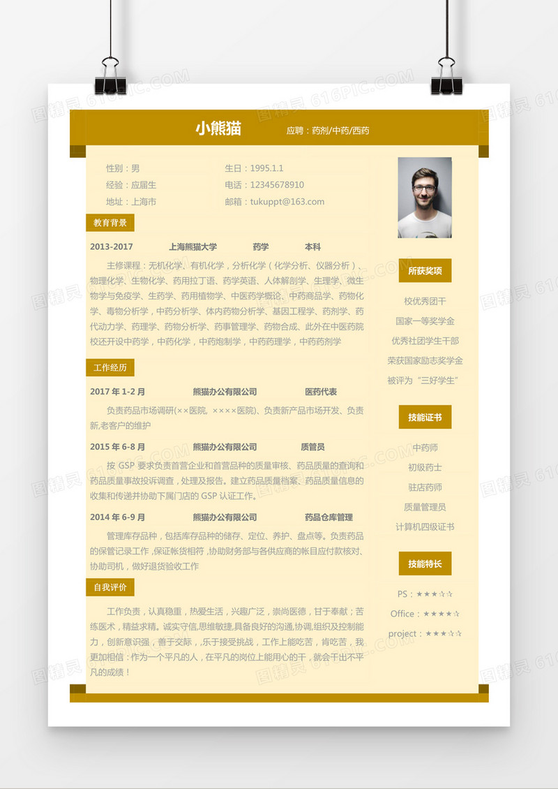 黄色简约药剂中药西药求职简历word简历