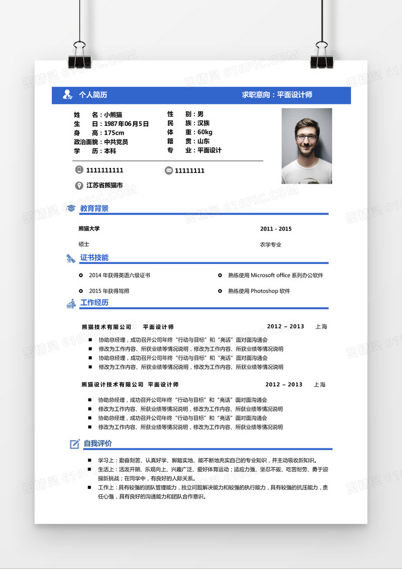 简约经典天蓝平面设计师简历求职简历Word模板