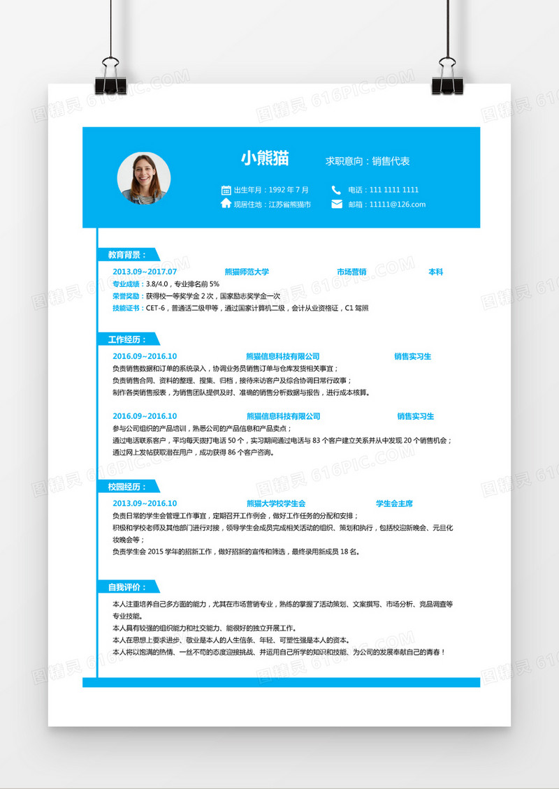 简约经典简天蓝历销售代表求职简历Word模板