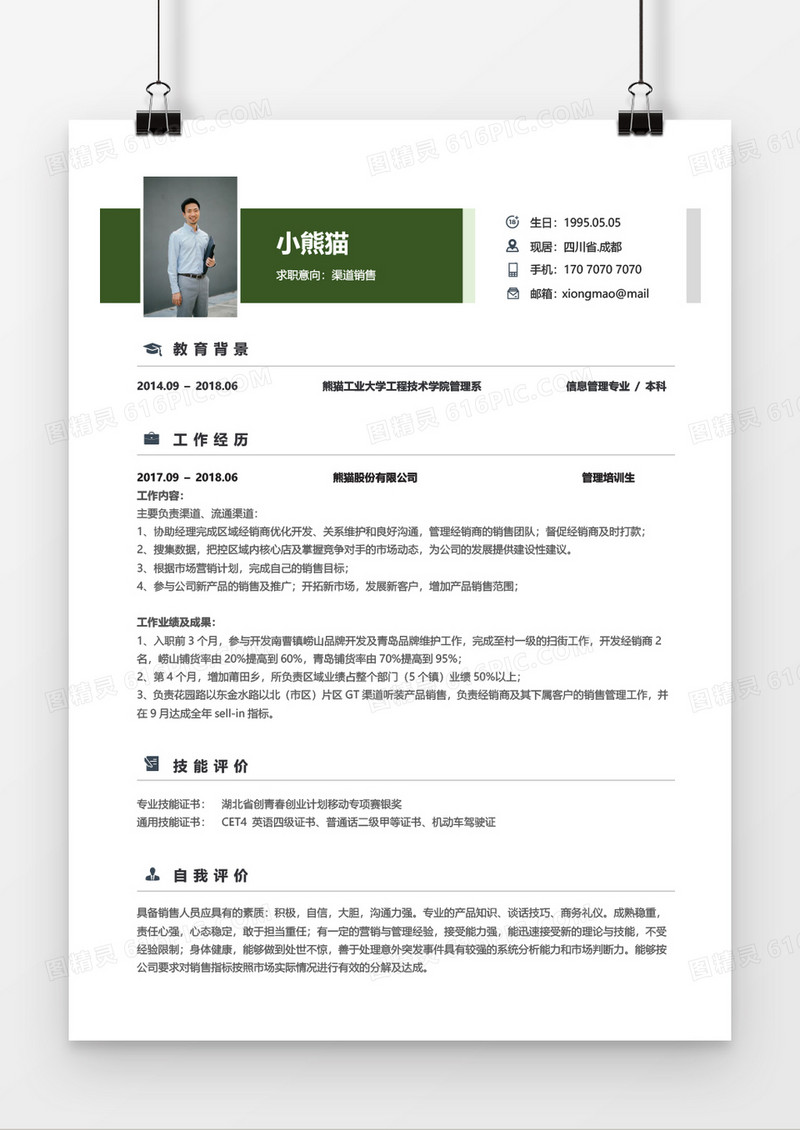 绿色清新简约渠道销售简历word模板
