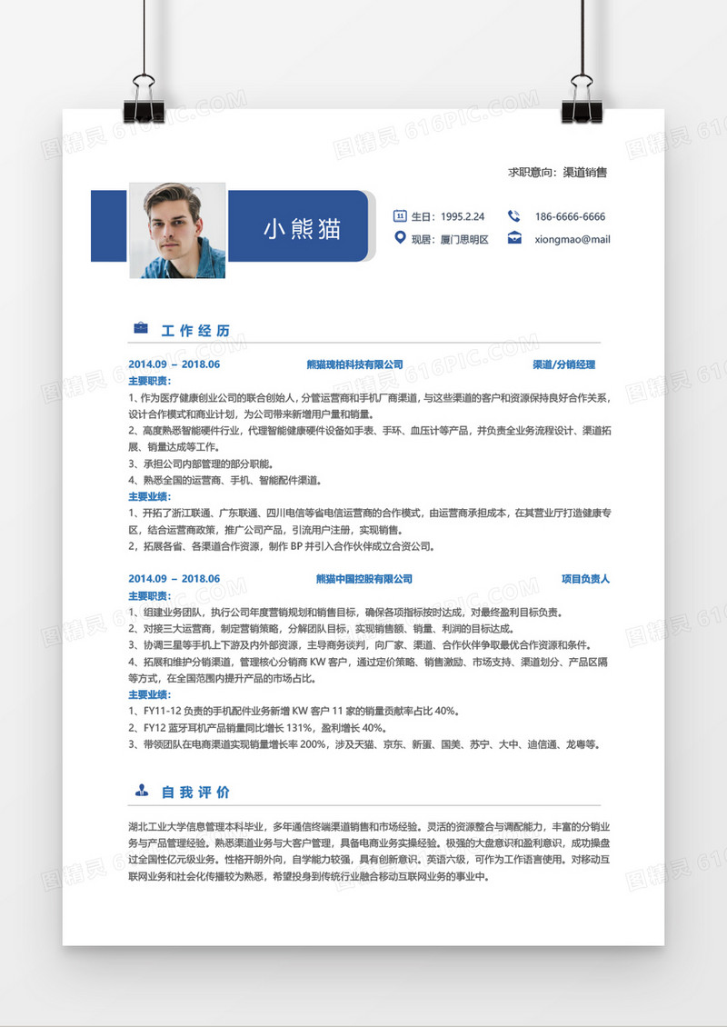 蓝色简约商务渠道销售简历word模板