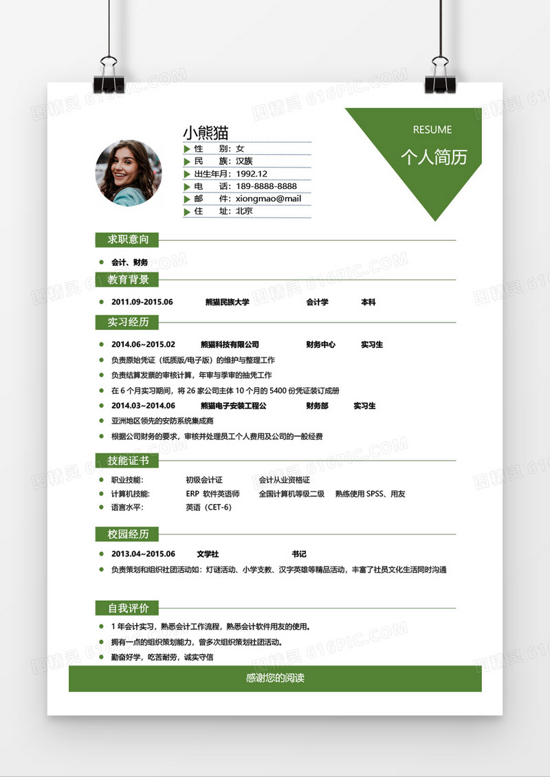 绿色大气简约商务时尚会计2年工作经验简历word模板