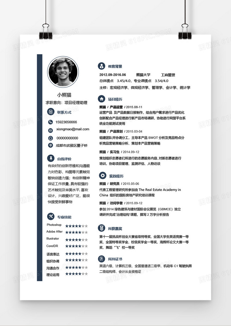 灰色简约大气项目助理2年工作经验简历word模板