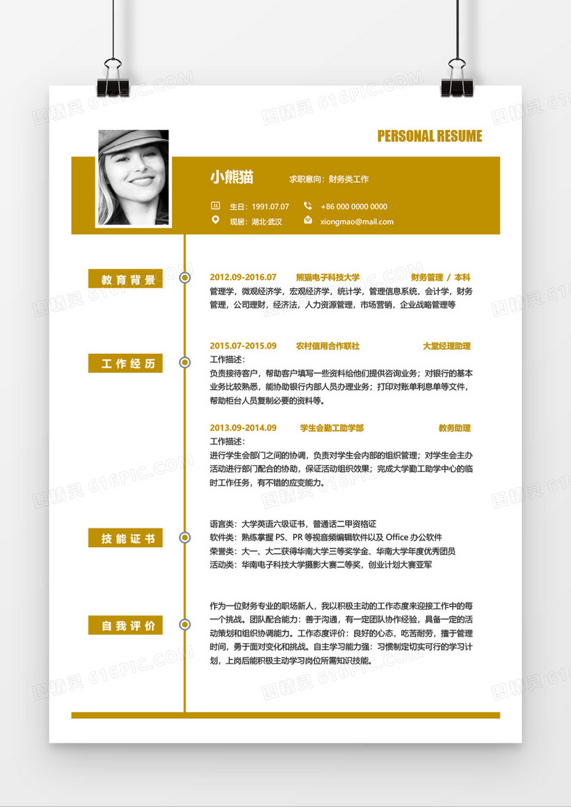 黄色简约实用财务会计2年工作经验简历word模板
