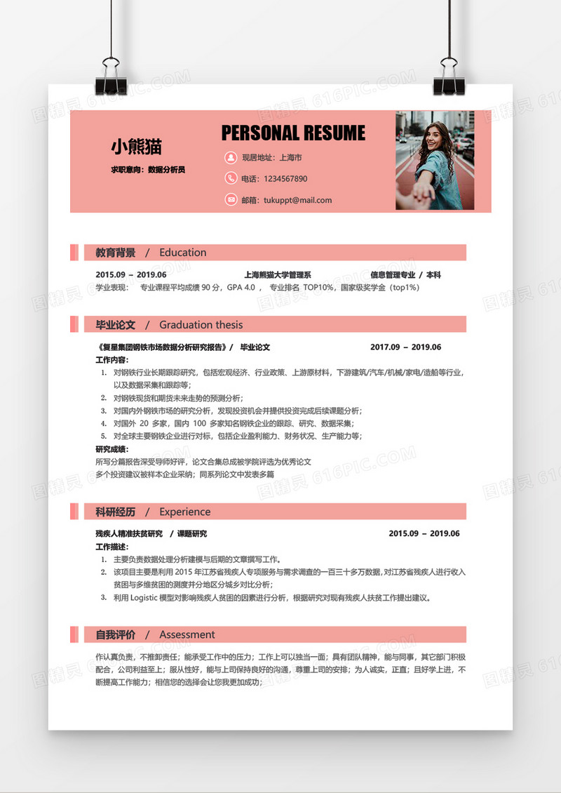 数据分析无经验精致简历Word简历模板