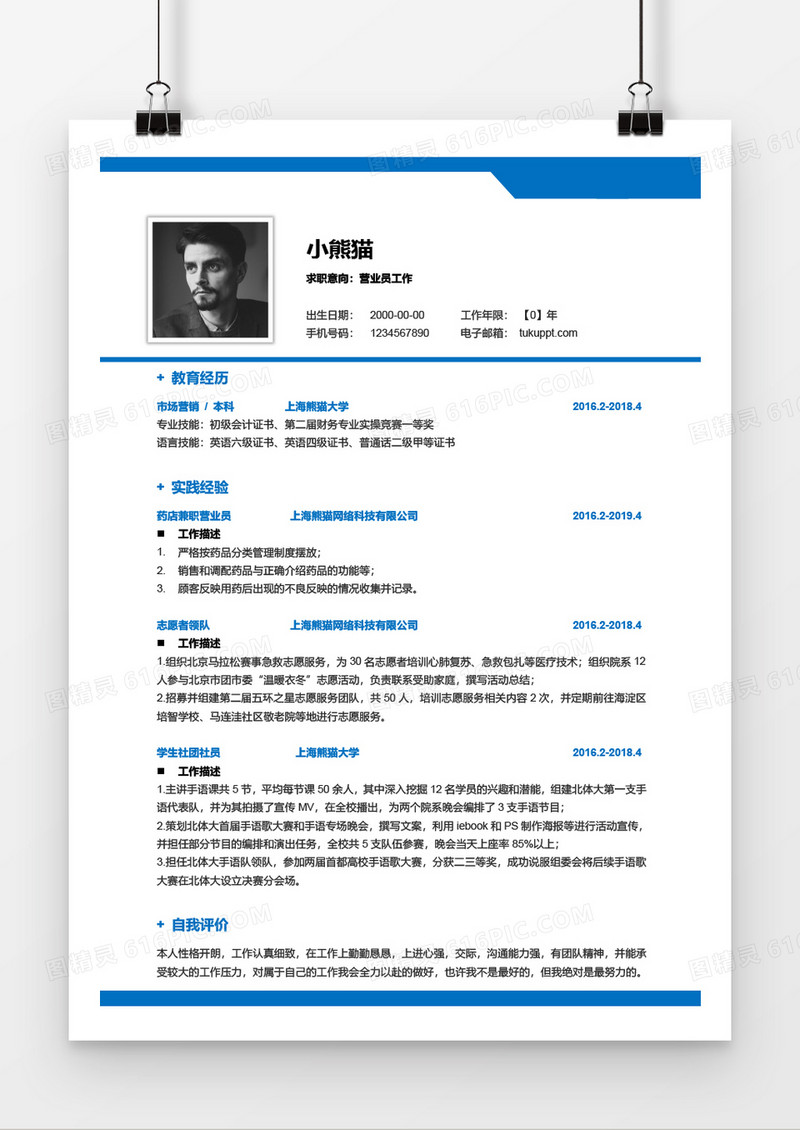 天蓝色营业员三到五年工作经验word简历模板