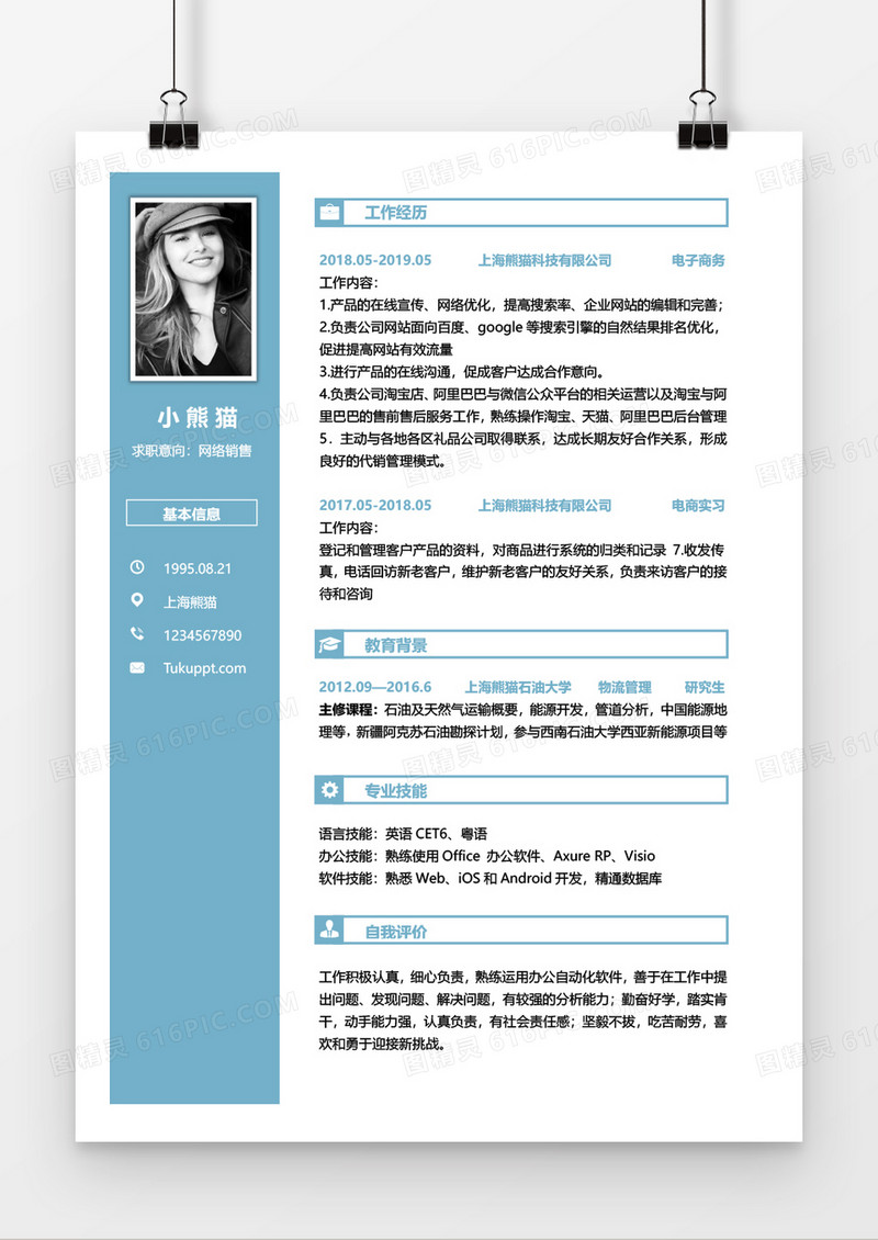 蓝色创意网络销售1到3年工作经验简历word模板