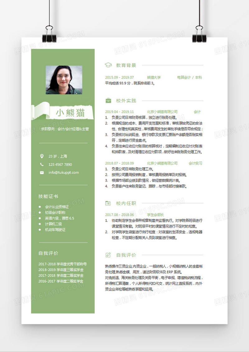 绿色清新会计会计经理会计主管求职简约简历word模板