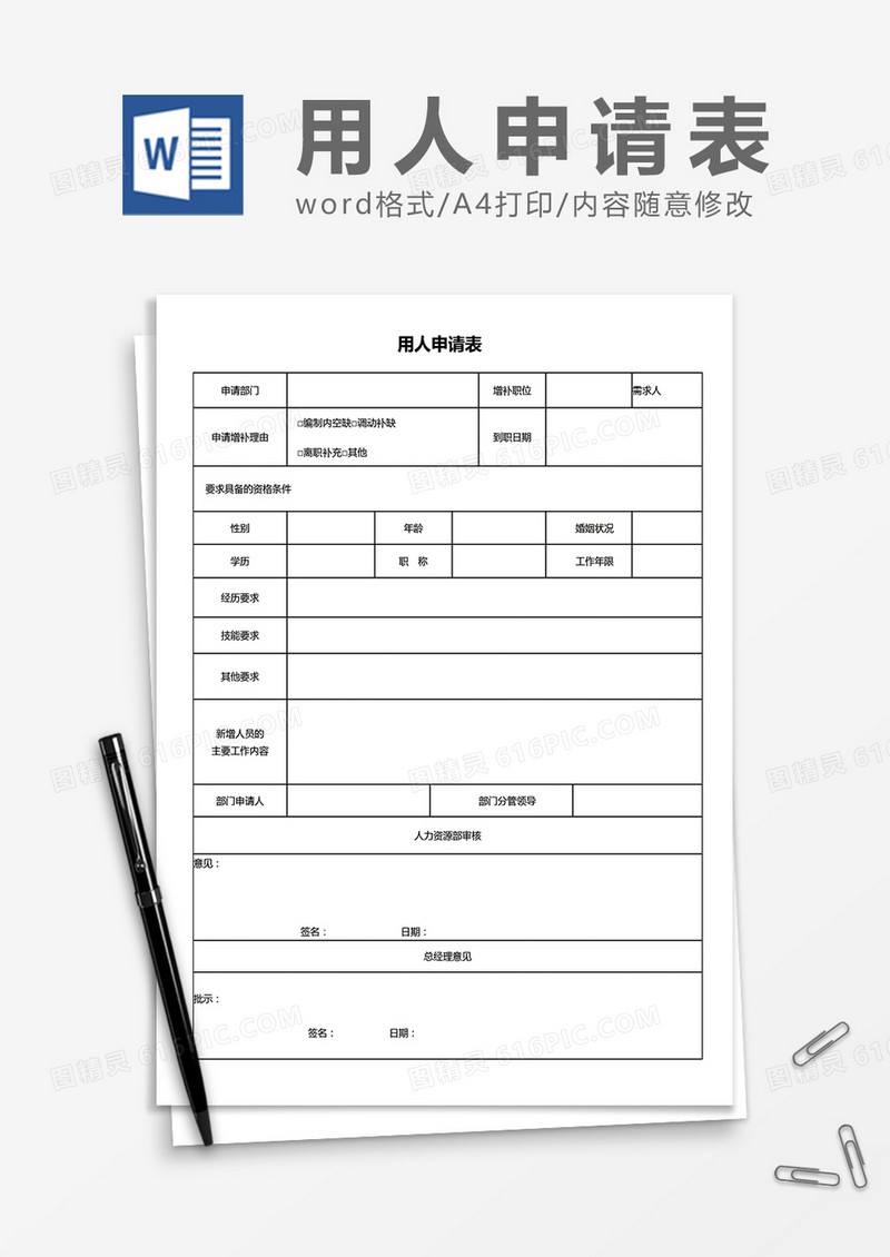 部门用人申请表word模板