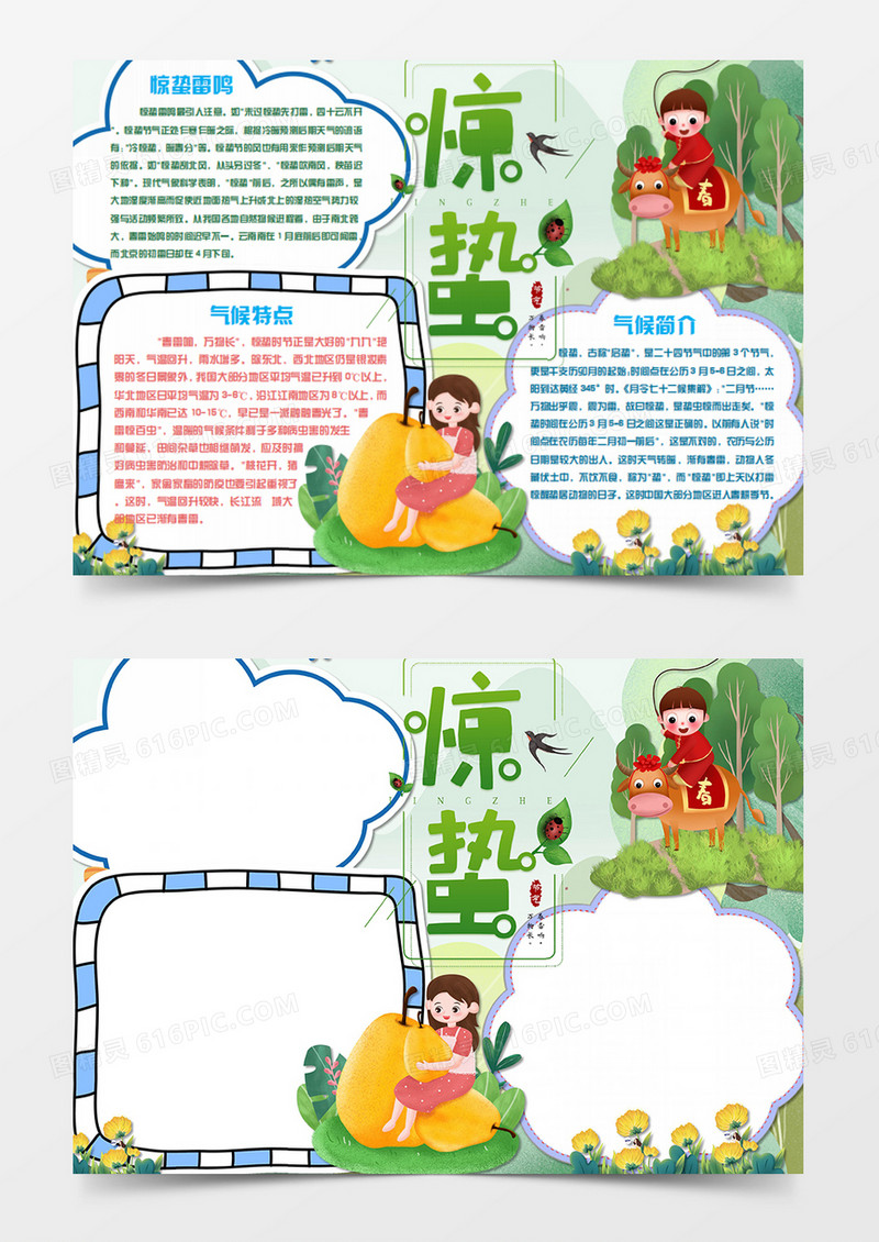 惊蛰卡通简约吃梨的女孩word手抄报