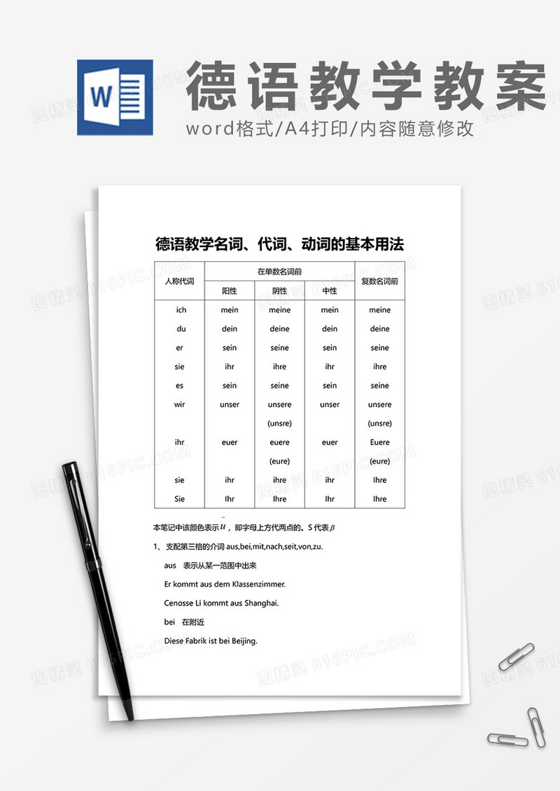 德语教学名词、代词、动词的基本用法word模板