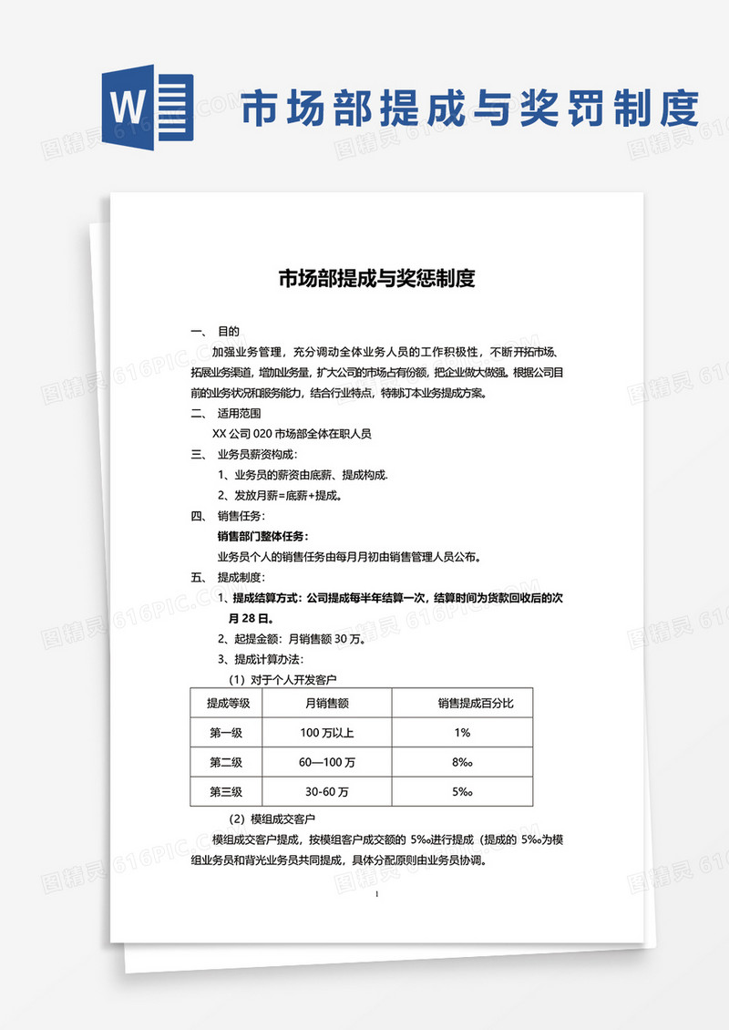 市场部提成与奖罚制度word模板