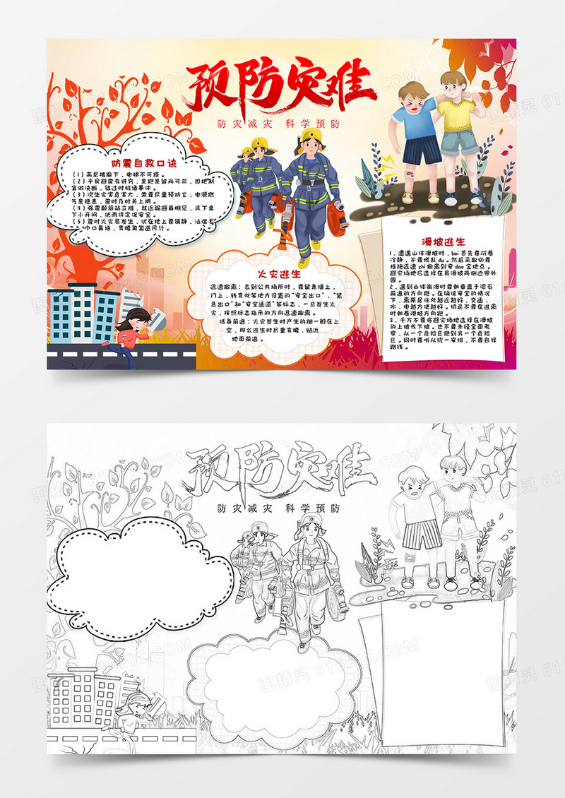 卡通橙色城市剪影预防灾难安全小报Word模板