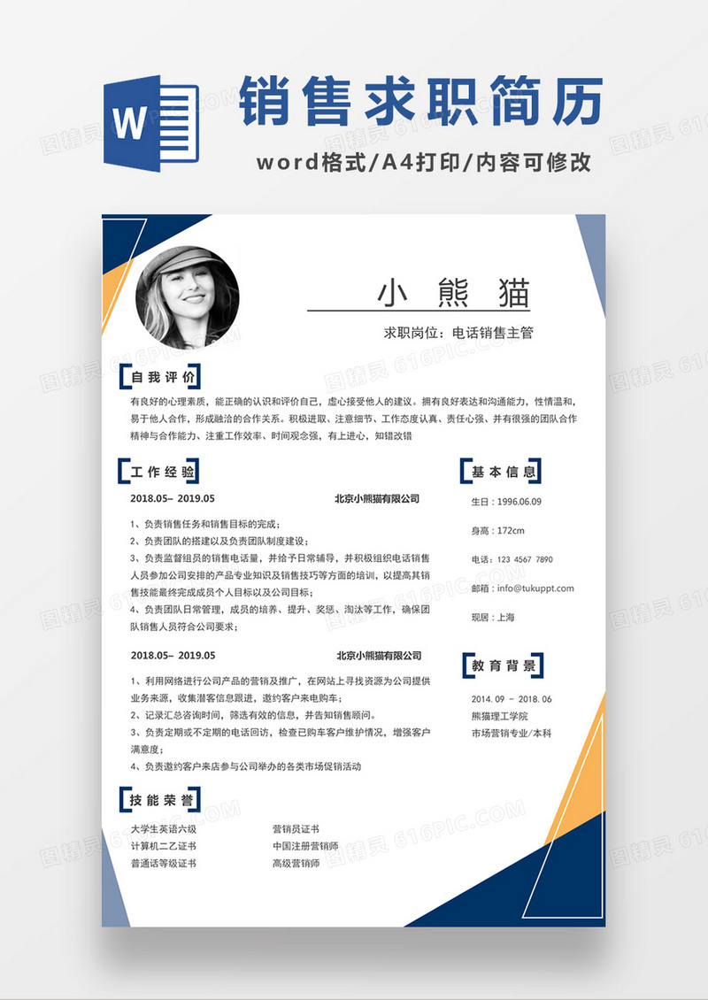 现代商务电话销售主管求职简历蓝色word简历模板