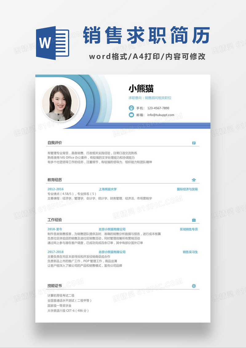 现代商务销售顾问求职简历蓝色word简历模板
