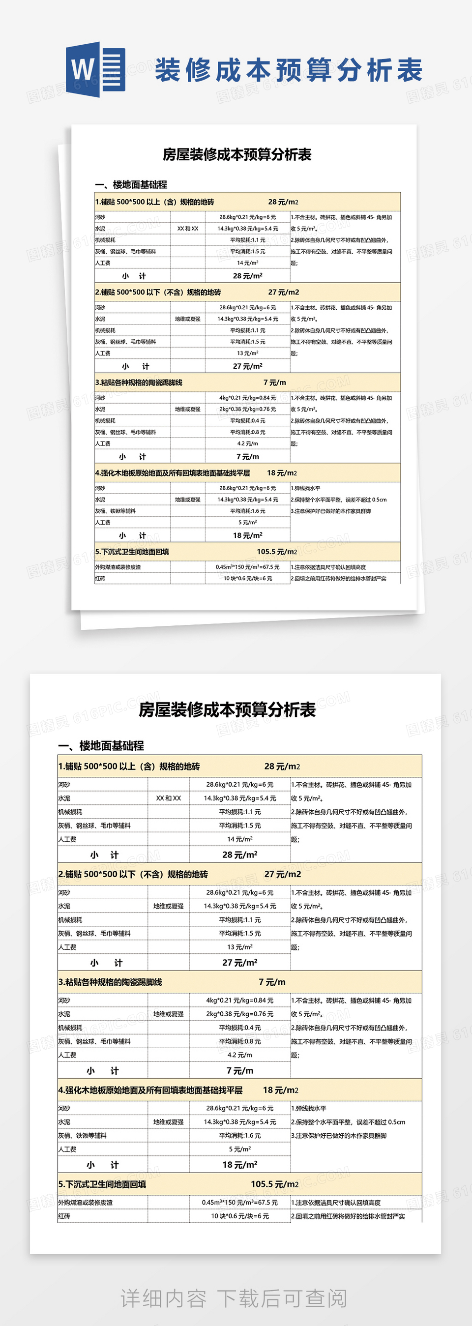 房屋装修成本预算分析表word模板