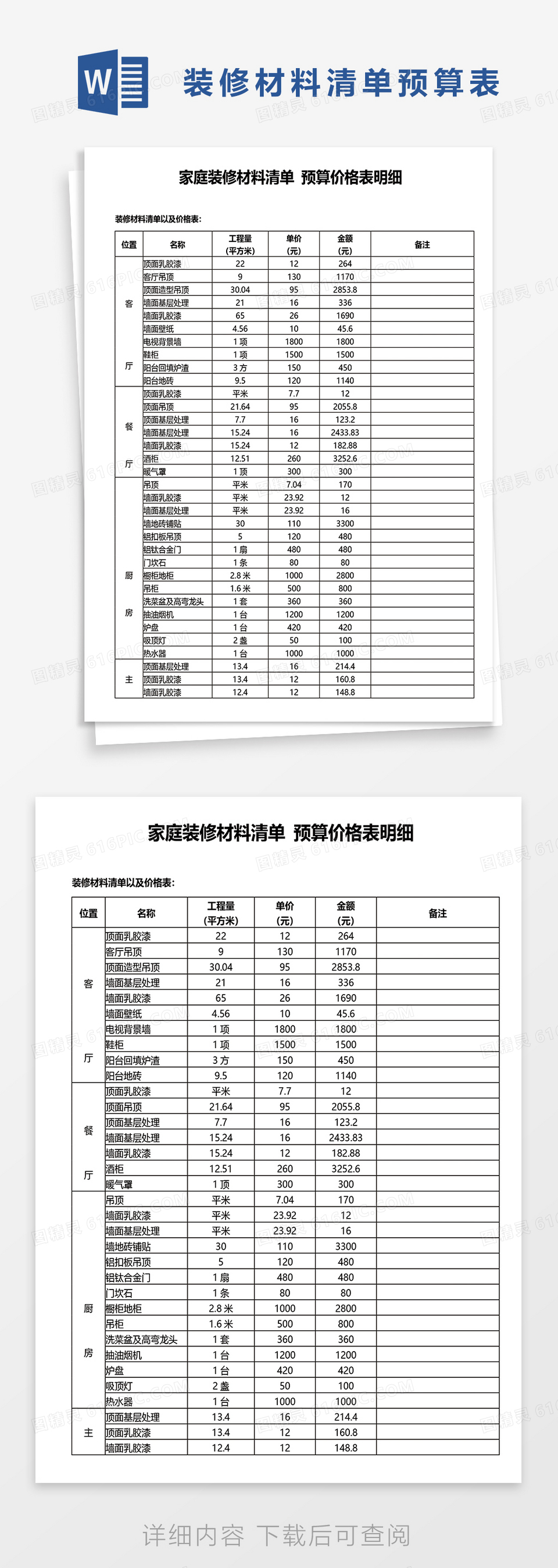 家庭装修材料清单 预算价格表明细word模板