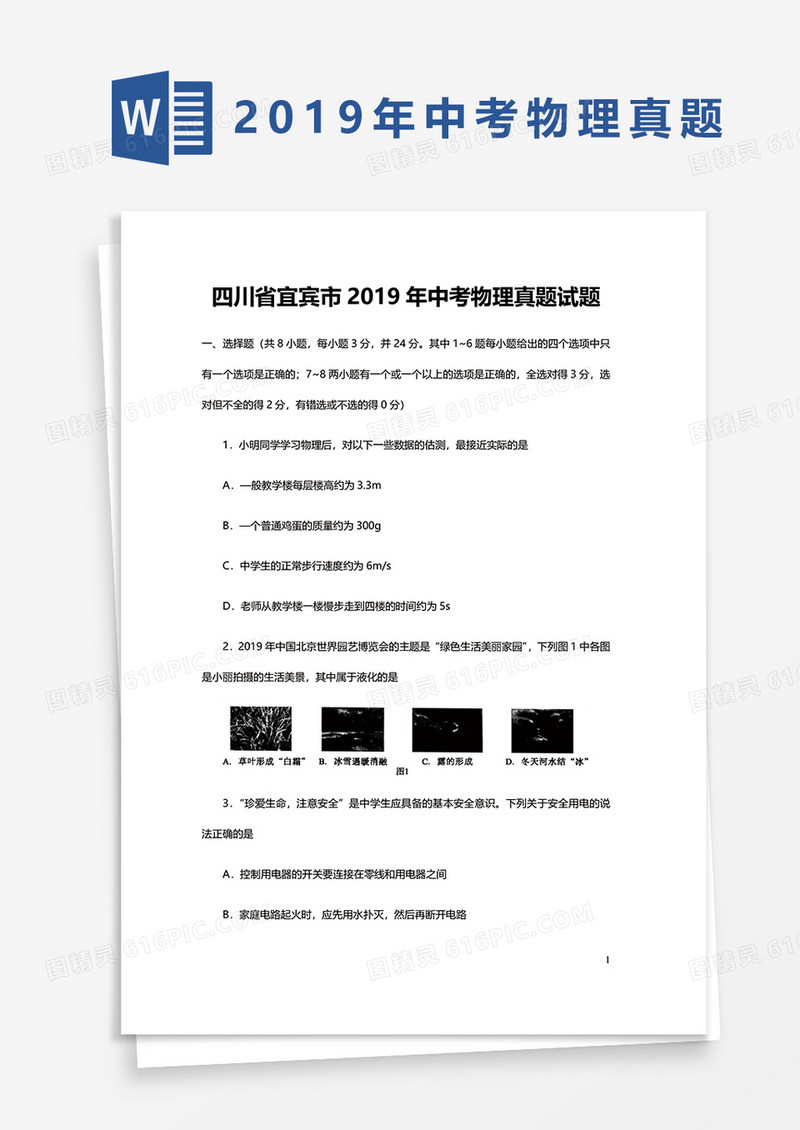 四川省宜宾市2019年中考物理真题试题word模板