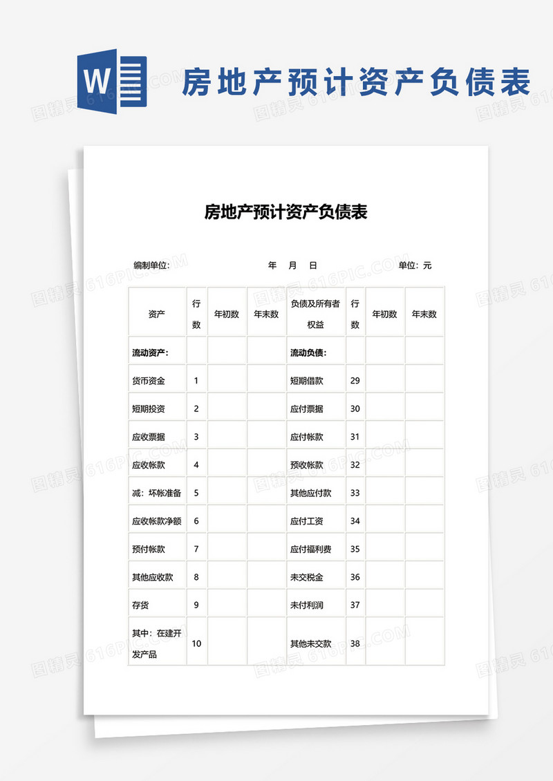 房地产预计资产负债表word模板