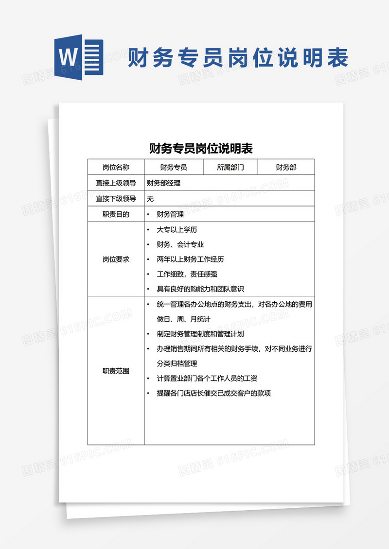财务专员岗位说明表word模板