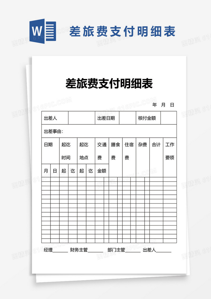 差旅费支付明细表word模板