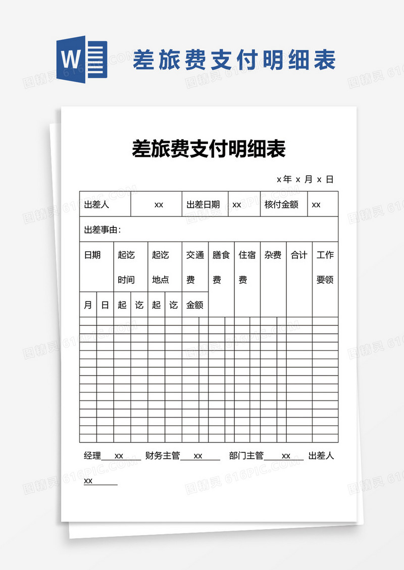 差旅费支付明细表word模板