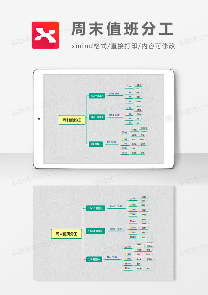 思维导图周末值班分工XMind模板