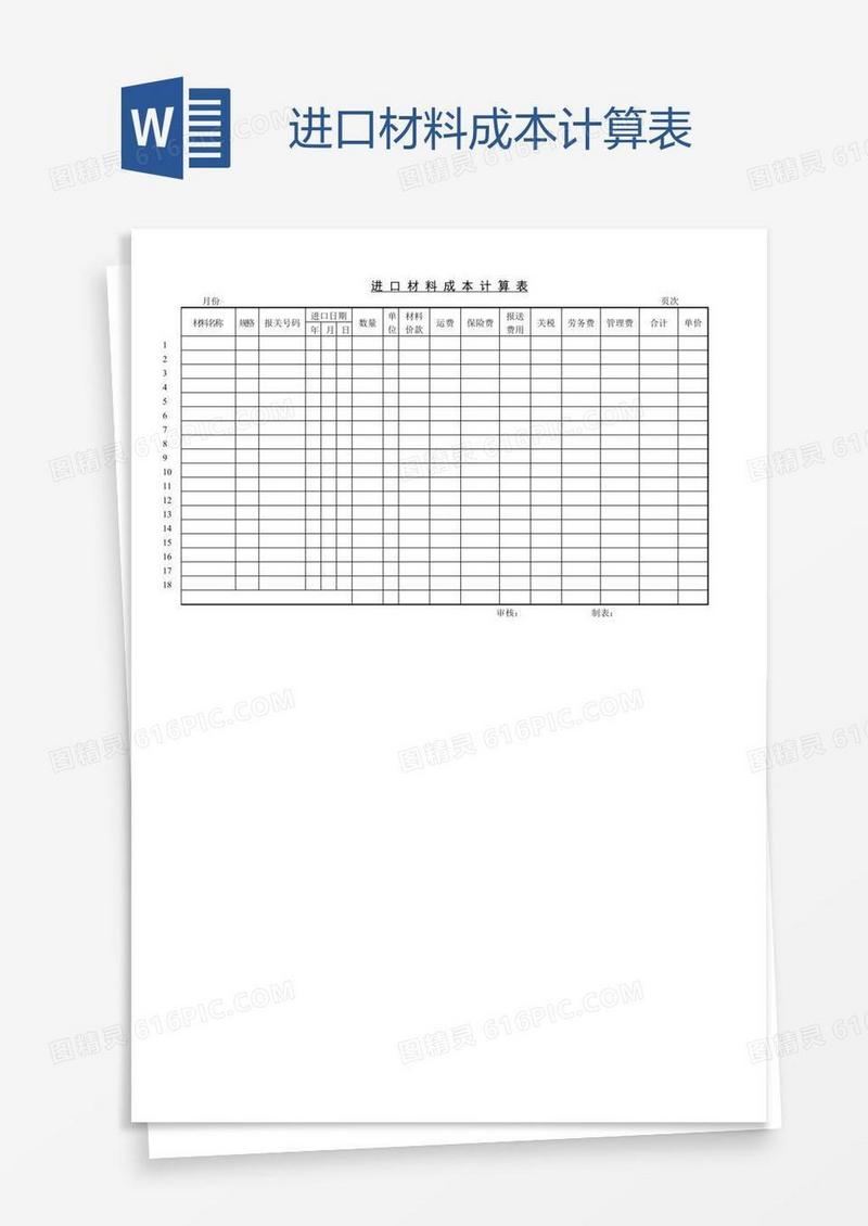 进口材料成本计算表