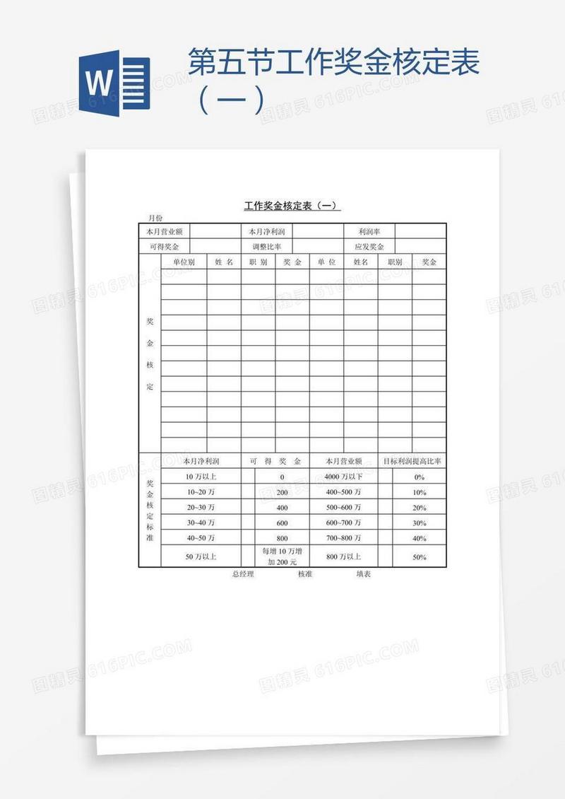 第五节工作奖金核定表（一）