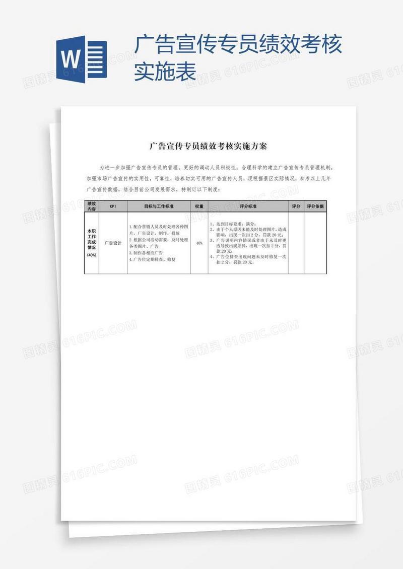 广告宣传专员绩效考核实施表