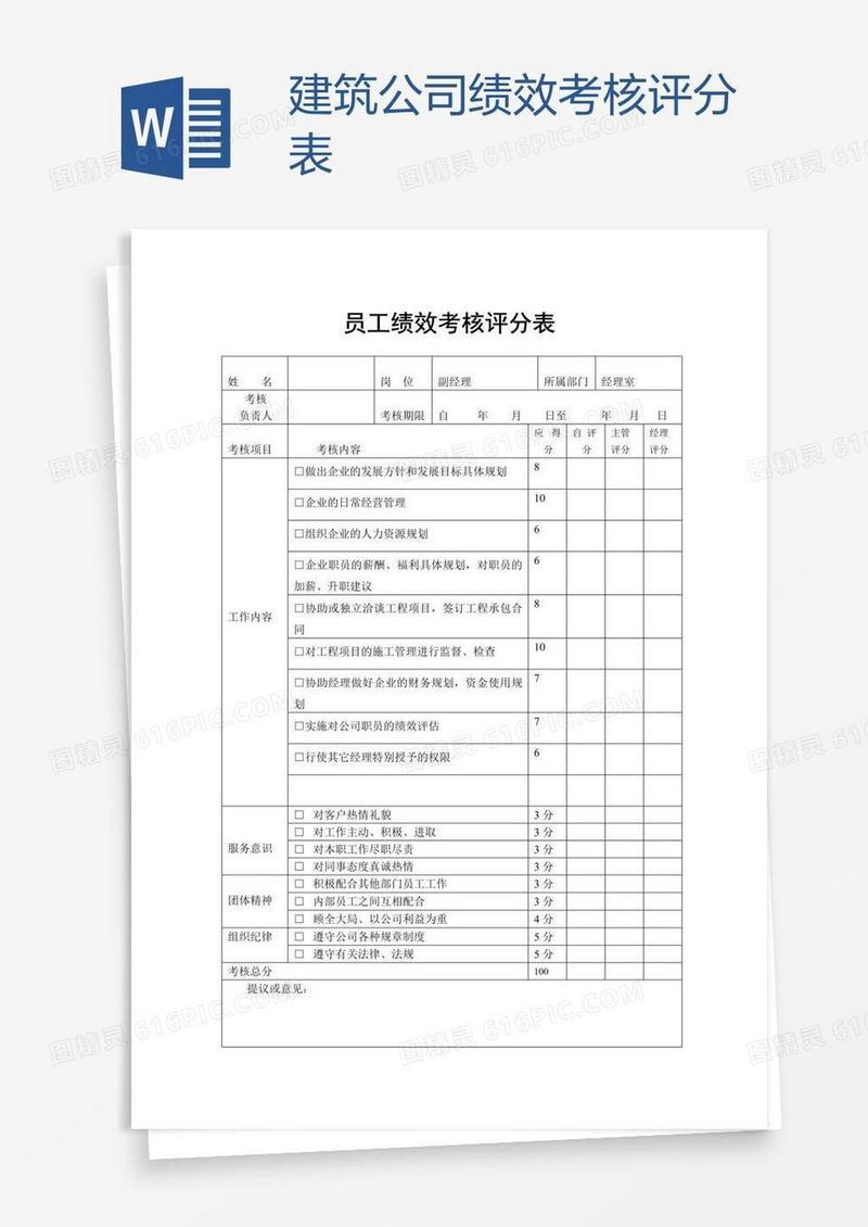 建筑公司绩效考核评分表