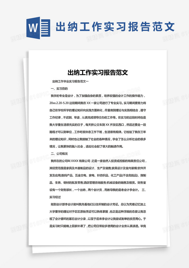 简约出纳工作实习报告范文Word模版
