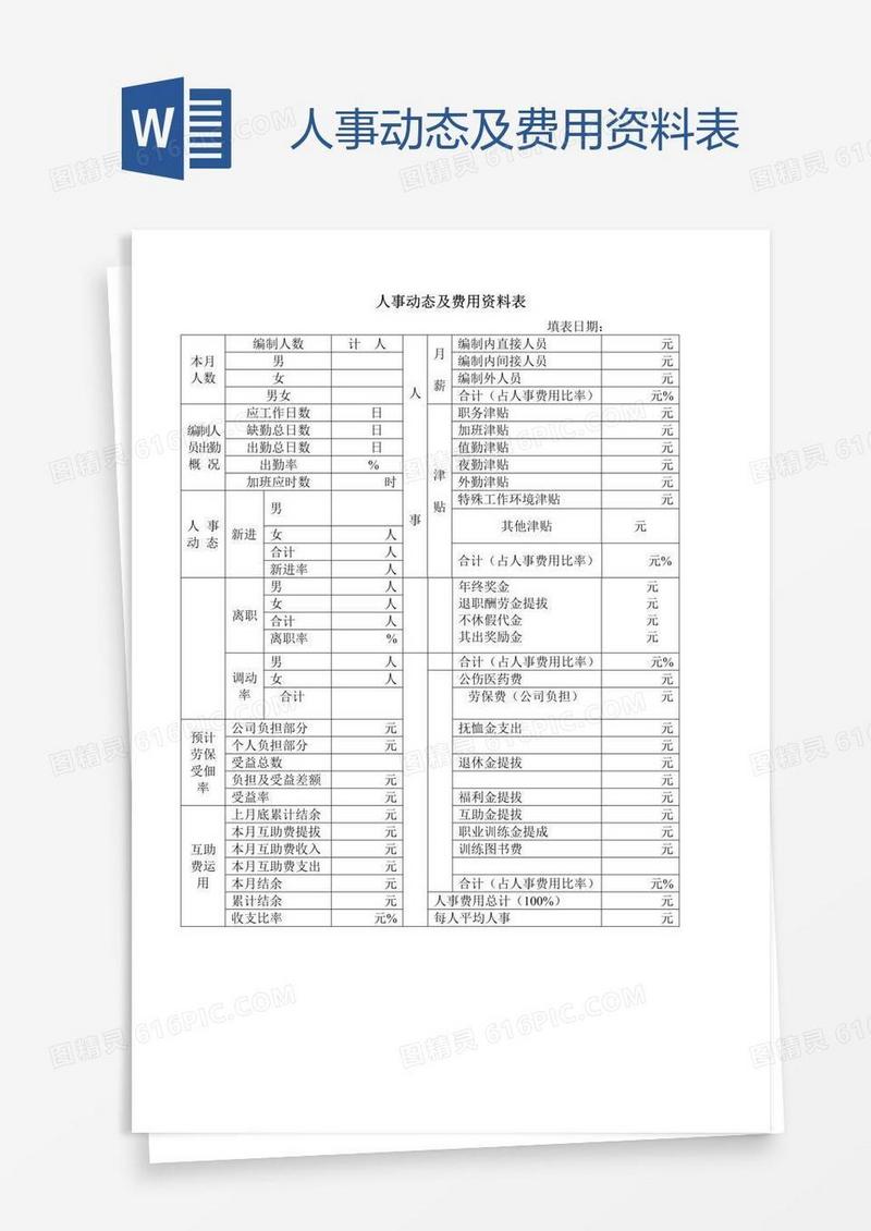 人事动态及费用资料表