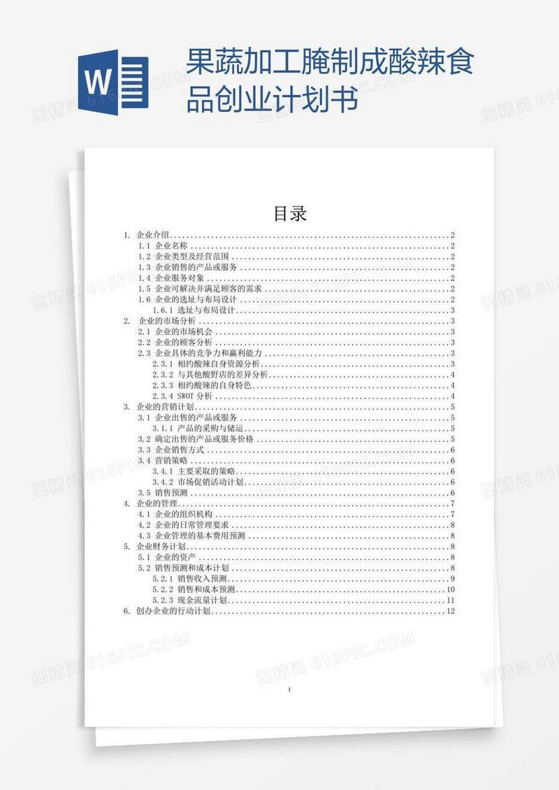 果蔬加工腌制成酸辣食品创业计划书