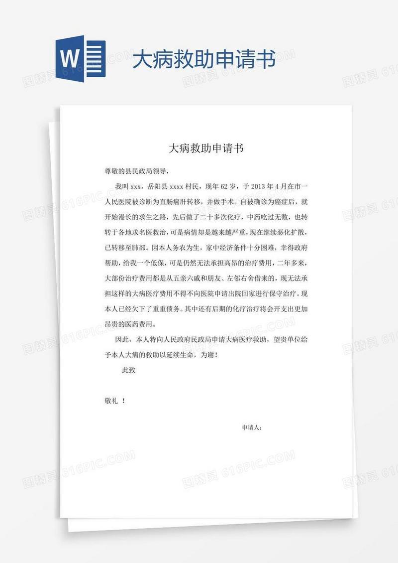 大病救助申请书
