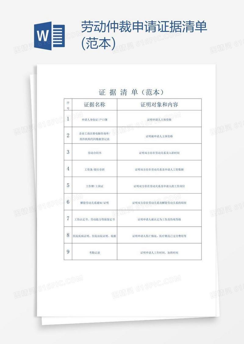 劳动仲裁申请证据清单(范本)