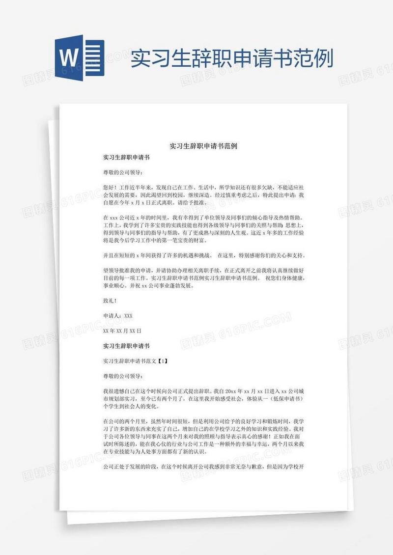 实习生辞职申请书范例