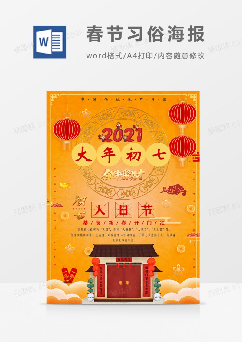 新年民俗初七人日节宣传海报
