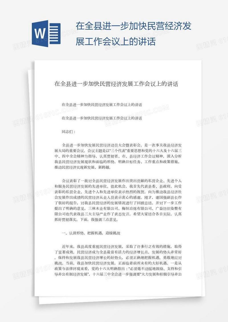 在全县进一步加快民营经济发展工作会议上的讲话