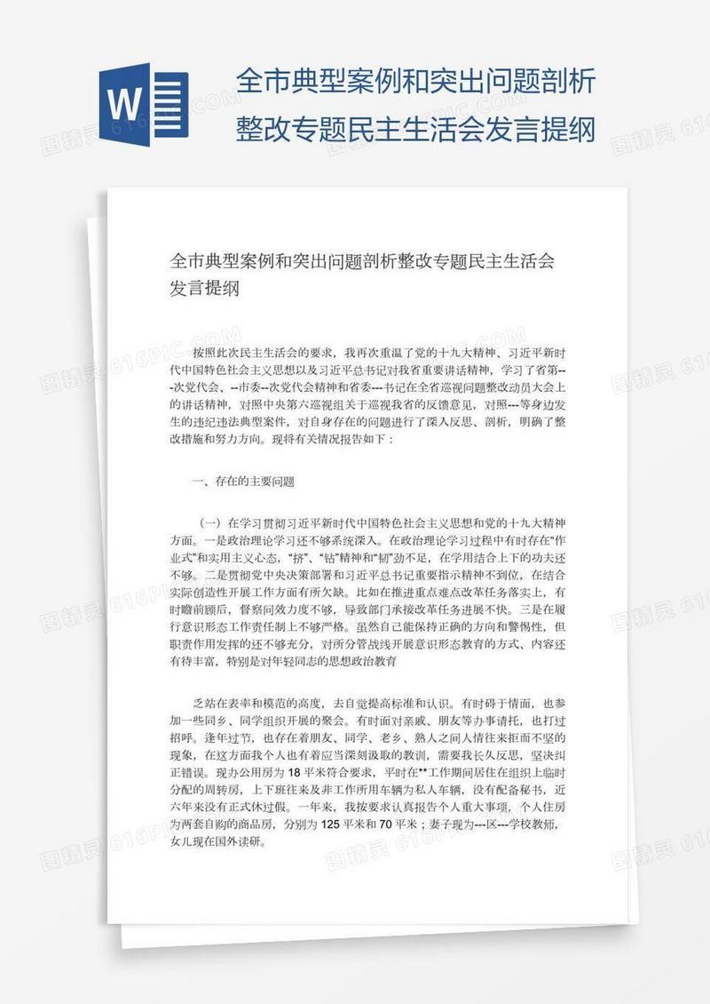 全市典型案例和突出问题剖析整改专题民主生活会发言提纲