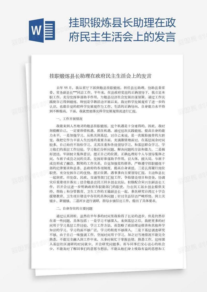 挂职锻炼县长助理在政府民主生活会上的发言