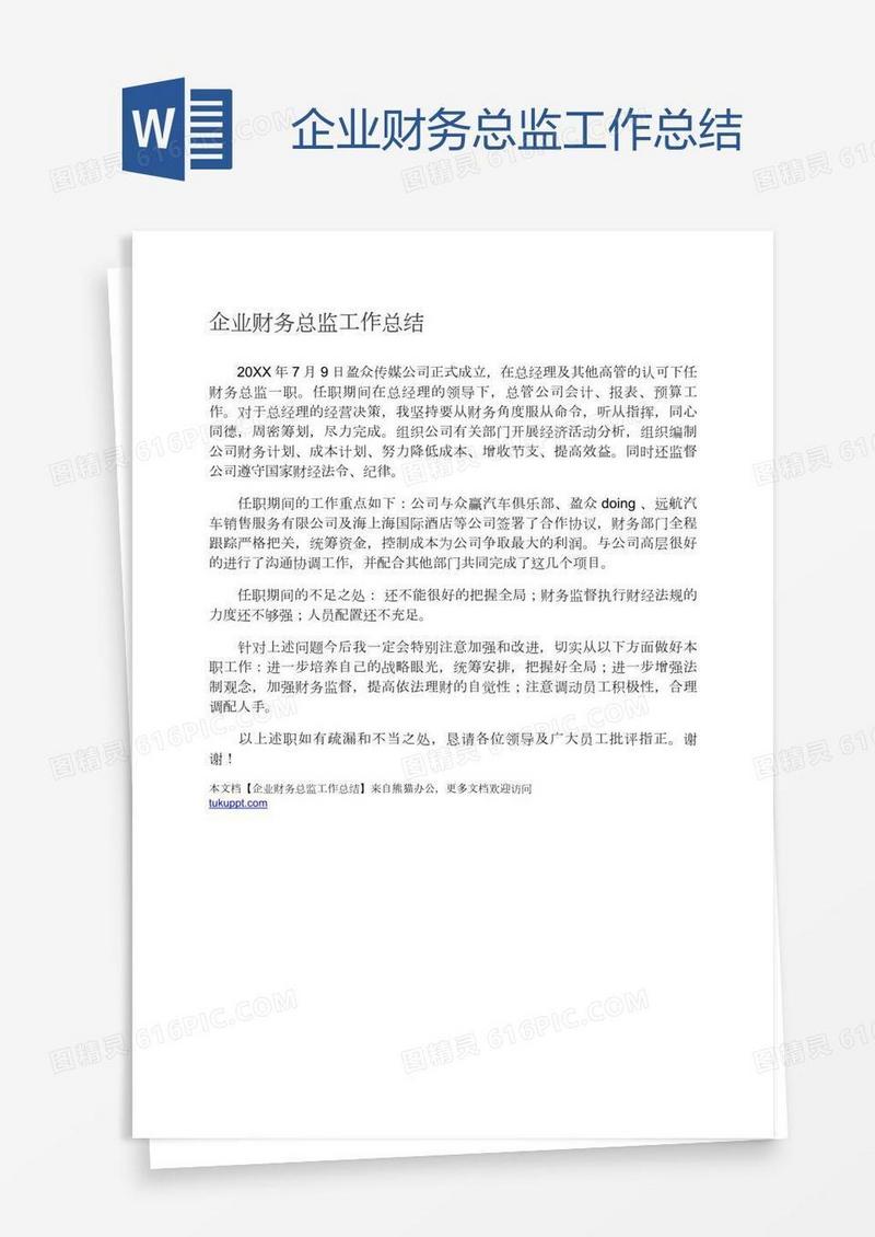 企业财务总监工作总结