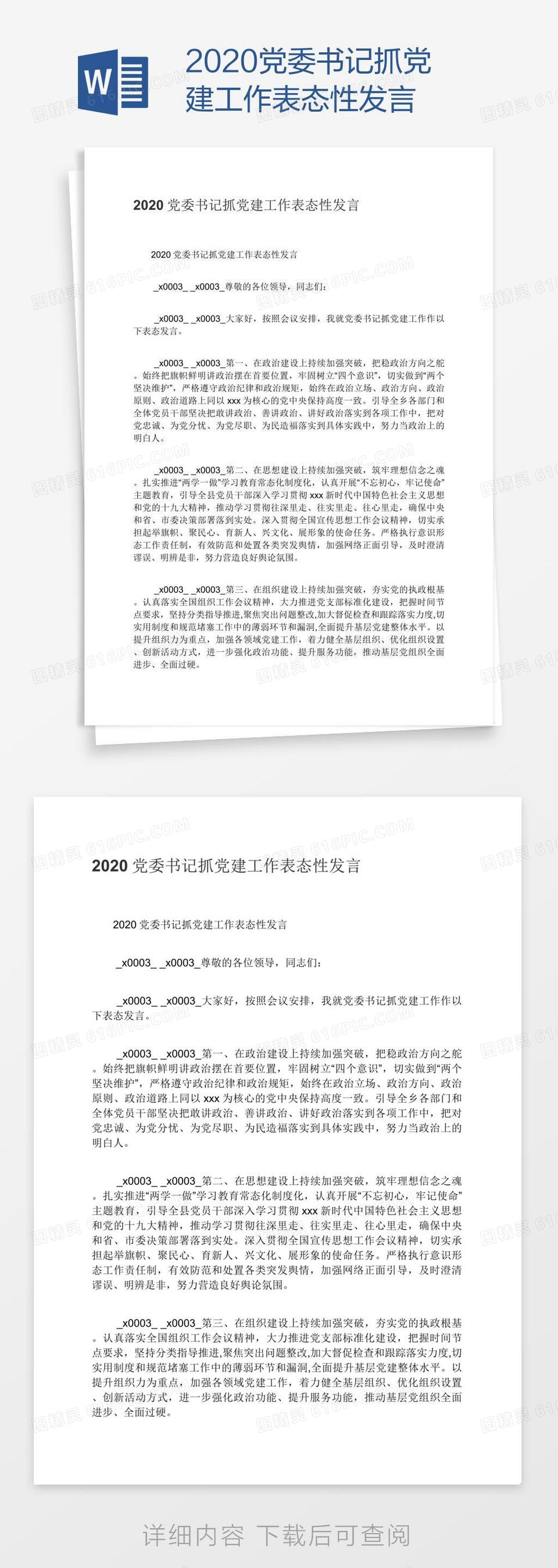 2020党委书记抓党建工作表态性发言